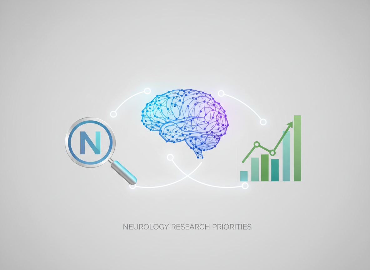 Abstract illustration representing research priorities including brain, magnifying glass, and data charts