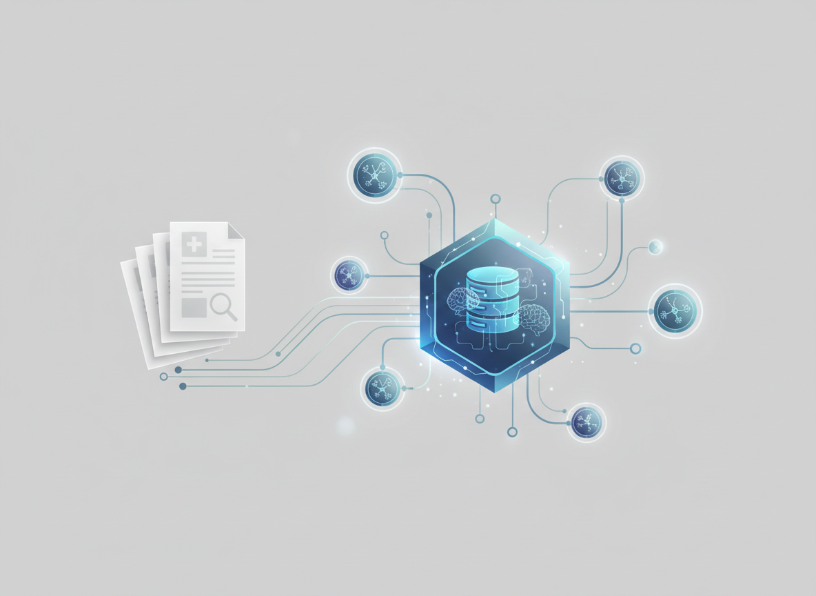 Abstract illustration representing research infrastructure including database, network nodes, and research office documents