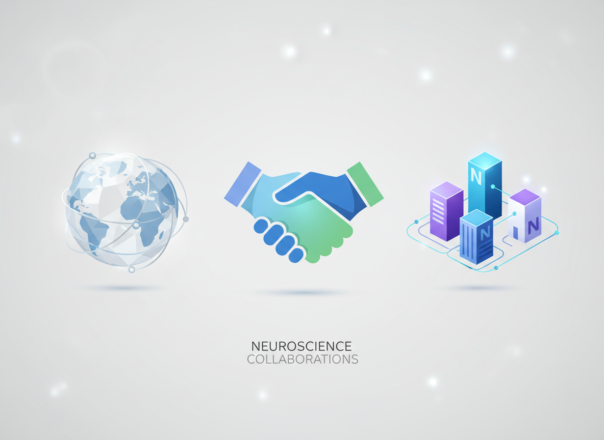 Abstract illustration representing research collaborations including handshake, globe, and connected institutions