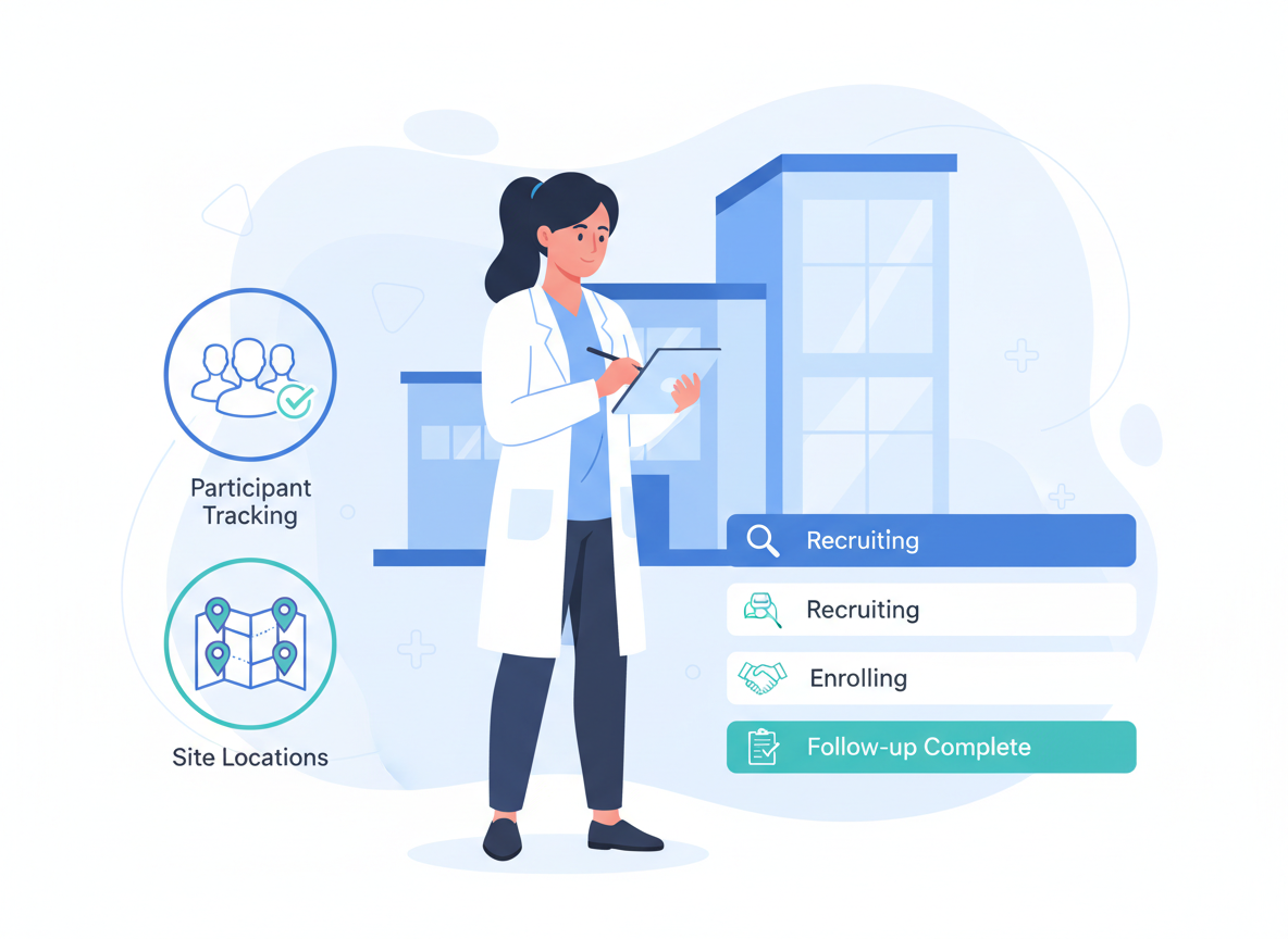 A researcher in a white coat recording enrollment data on a tablet at a clinical site, with icons representing participant tracking, site locations on a map, and study status indicators.