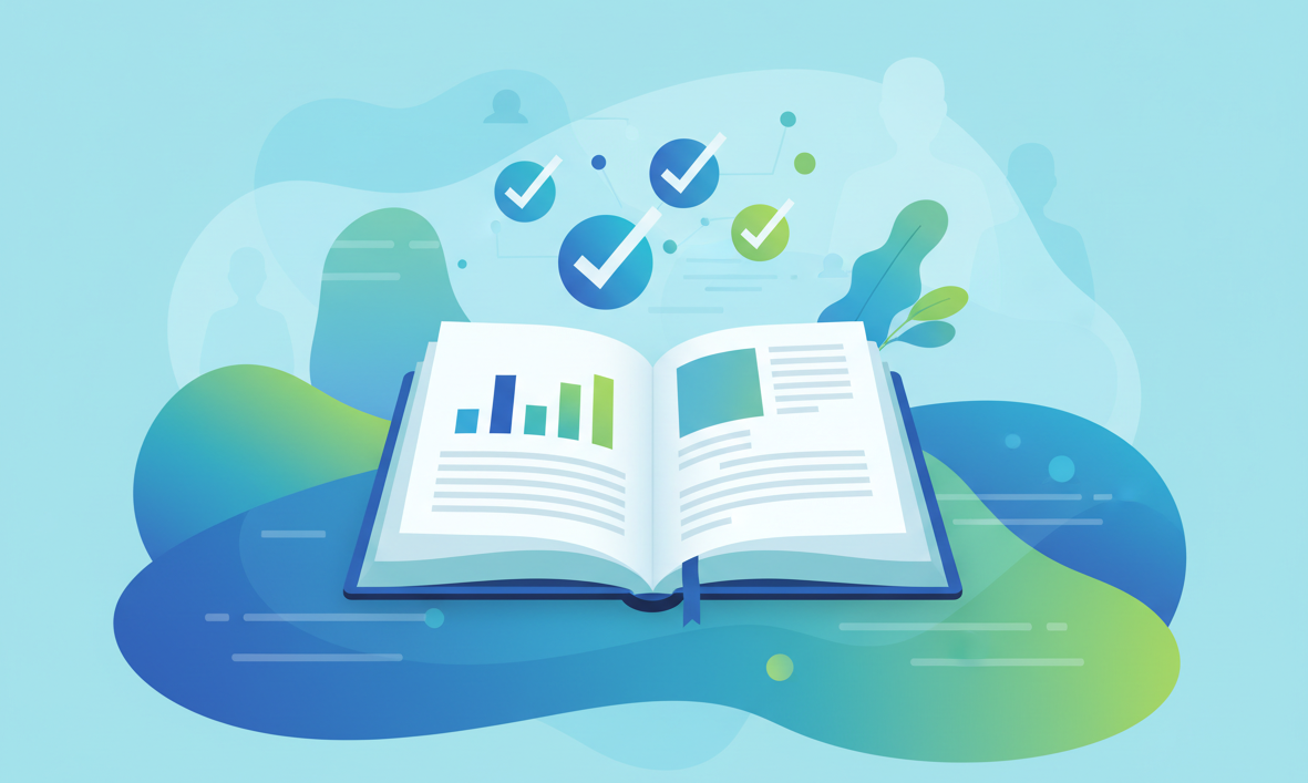 Abstract depiction of published research findings — open journal, bar charts, and checkmark icons symbolising completed studies and evidence-based outcomes.