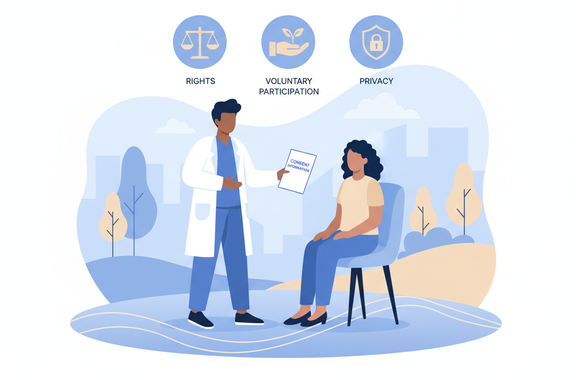 A clinician speaking with a patient and handing over a consent information leaflet, with icons representing rights, voluntary participation, and privacy.