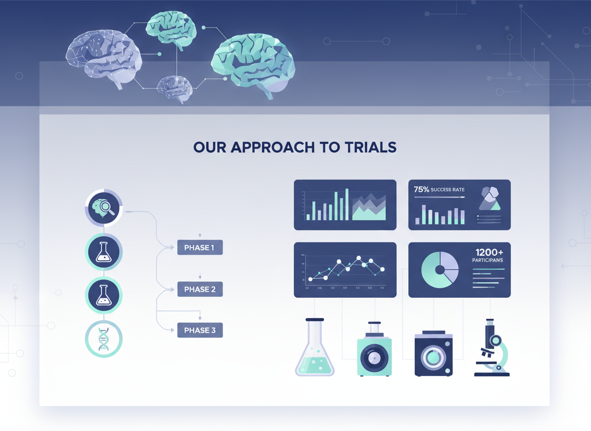 Clean, clinical, abstract illustration for a neurology clinical trials page section titled “Our Approach to Trials” — focus on stylized medical diagrams, neurology icons, charts and data dashboards, lab equipment, and trial flow charts. Use a cool, professional color palette and avoid showing people or recognizable faces.